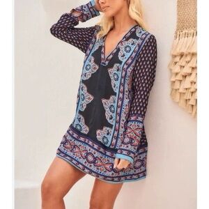 Free People Meadow Mod Mini Shift Dress Large Bohemian Long Sleeve Boho